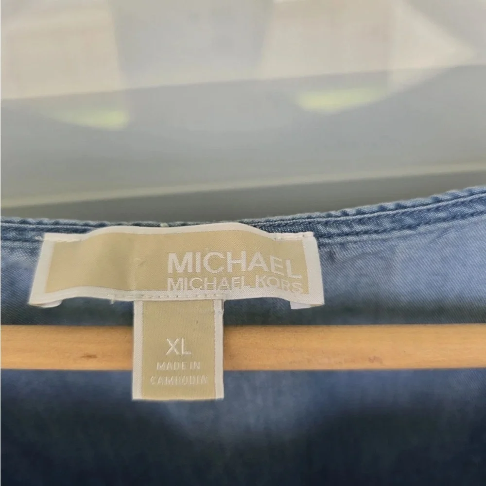 Michael Kors Chambray Side Tie Blouse Sz XL Women Blue Lightweight Classic